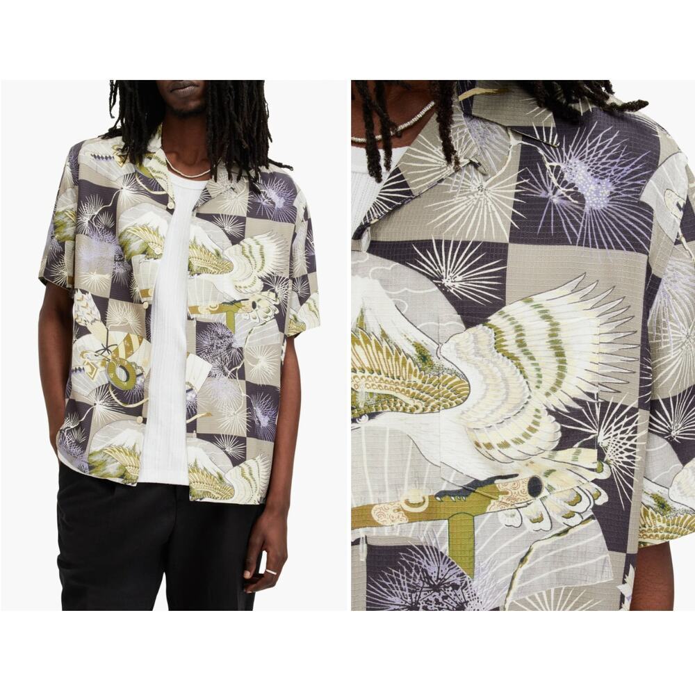 AllSaints Sebastian Floral Print Shirt Milky Grey Mens XL Relaxed Fit Hi Lo Hem